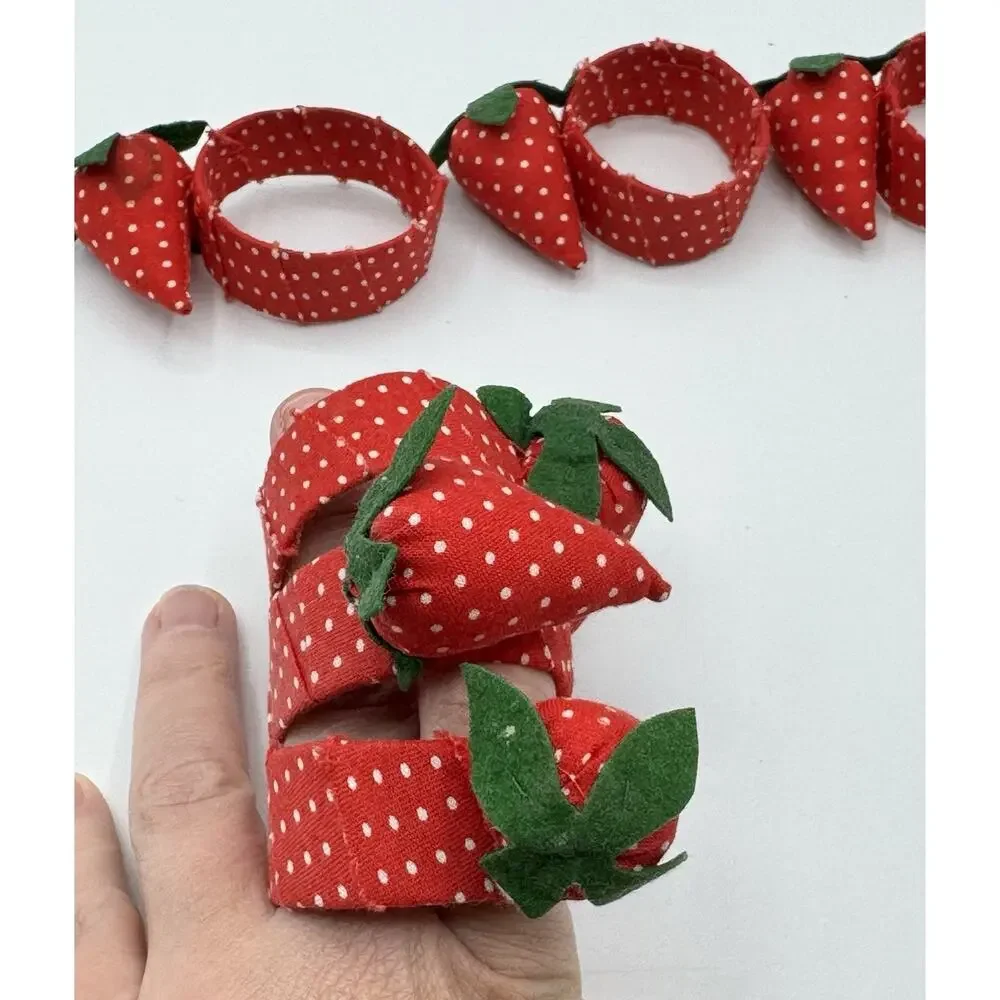 Set of 6 Vintage Red Strawberry w/Leaf Ribbon Napkin Rings Cottagecore Kitch